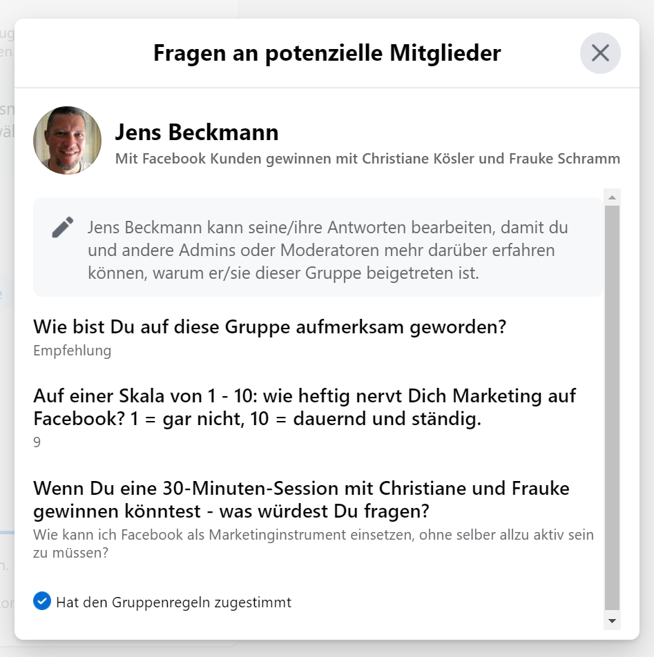 Frauke Schramm Social Media Mutmacherin Fragen an Facebook-GruppenMitglieder Antworten

Automatisch generierte Beschreibung